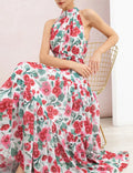 Red Watercolor Floral Halter Tie‑Bow Tiered Chiffon Maxi Dress