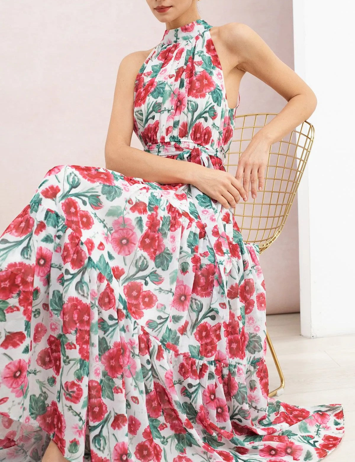 Red Watercolor Floral Halter Tie‑Bow Tiered Chiffon Maxi Dress