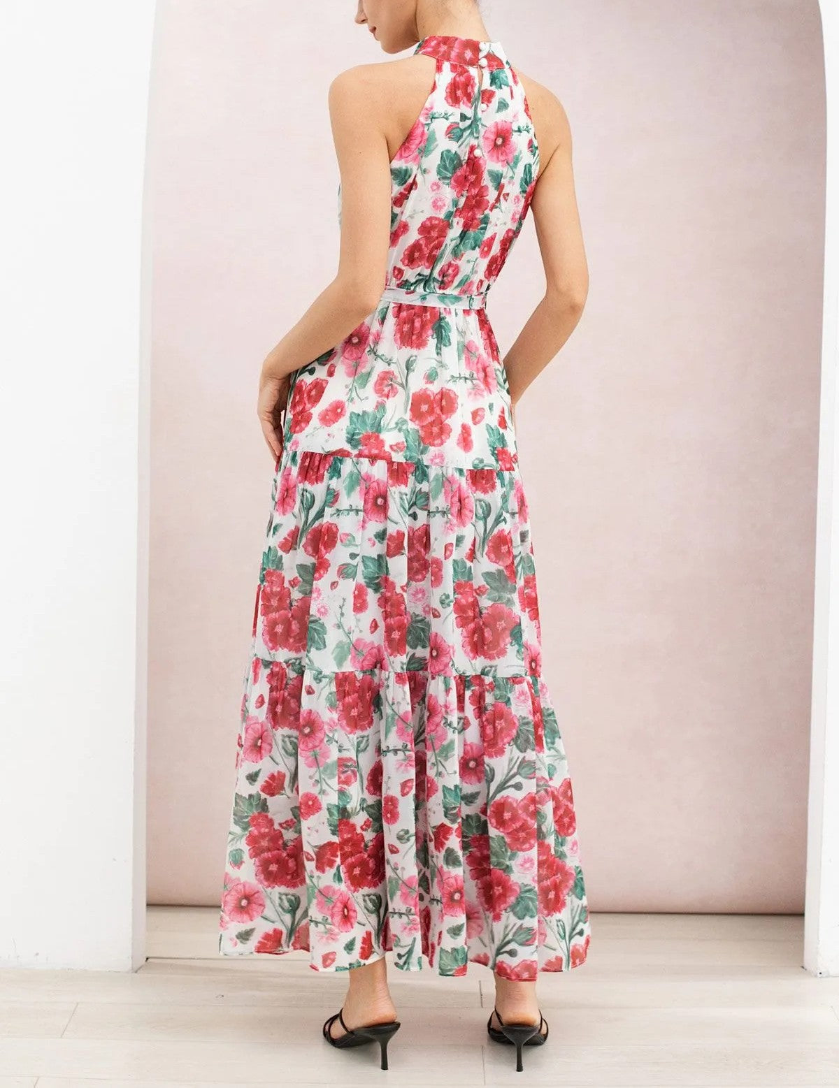 Red Watercolor Floral Halter Tie‑Bow Tiered Chiffon Maxi Dress