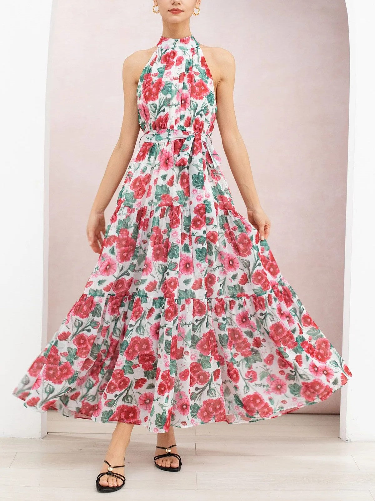 Red Watercolor Floral Halter Tie‑Bow Tiered Chiffon Maxi Dress