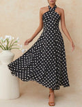 Black‑White Polka‑Dot Crisscross Self‑Tie Halter Neck Maxi Dress