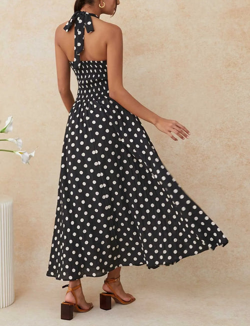 Black‑White Polka‑Dot Crisscross Self‑Tie Halter Neck Maxi Dress