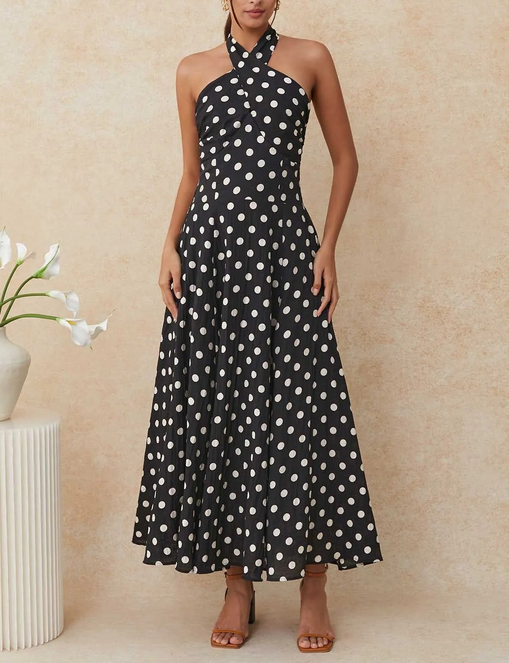 Black‑White Polka‑Dot Crisscross Self‑Tie Halter Neck Maxi Dress