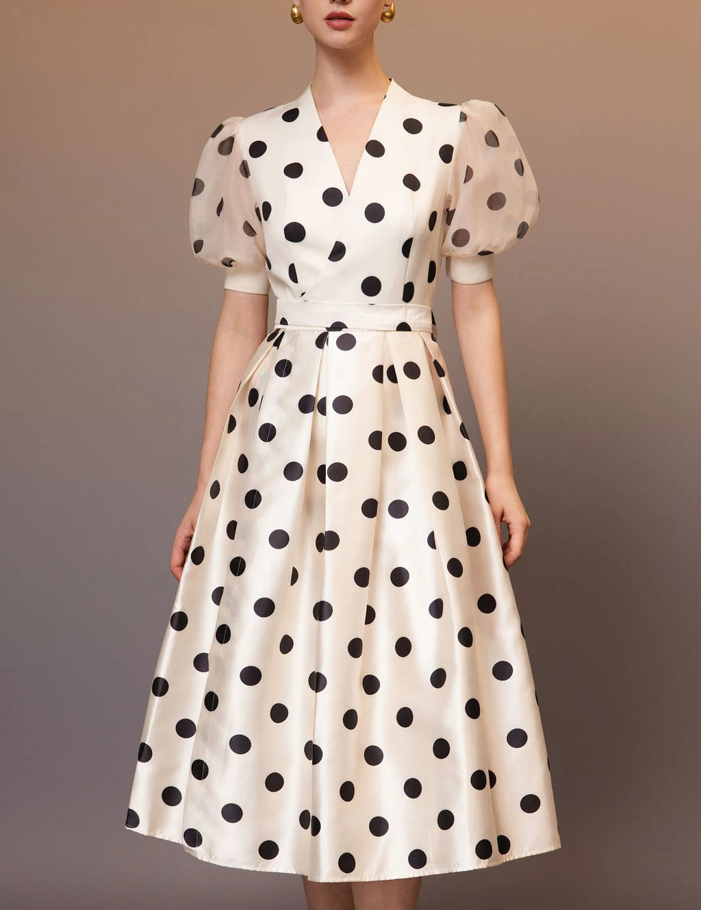 Cream Polka‑Dot Puff Sleeve Wrap Midi Dress