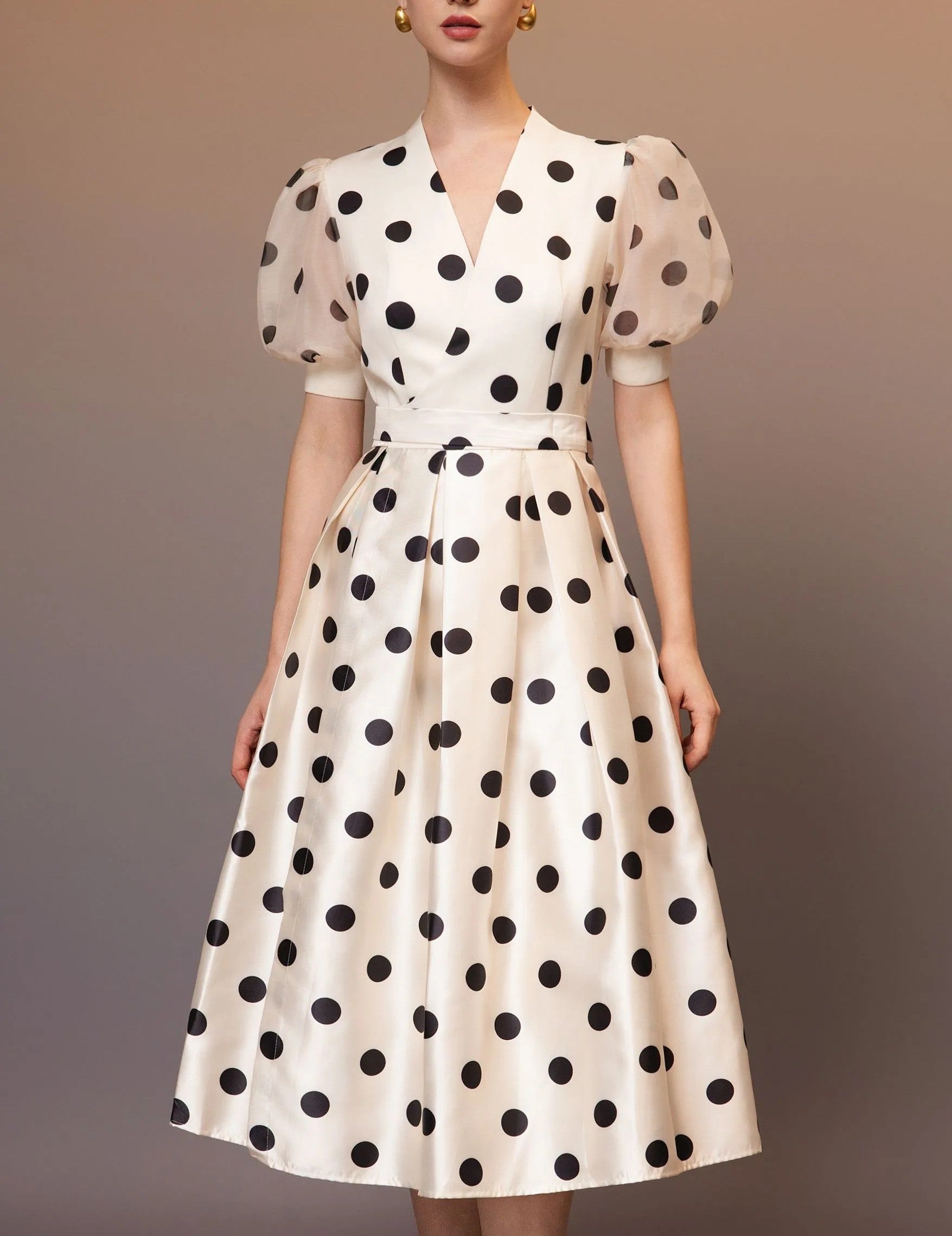 Cream Polka‑Dot Puff Sleeve Wrap Midi Dress