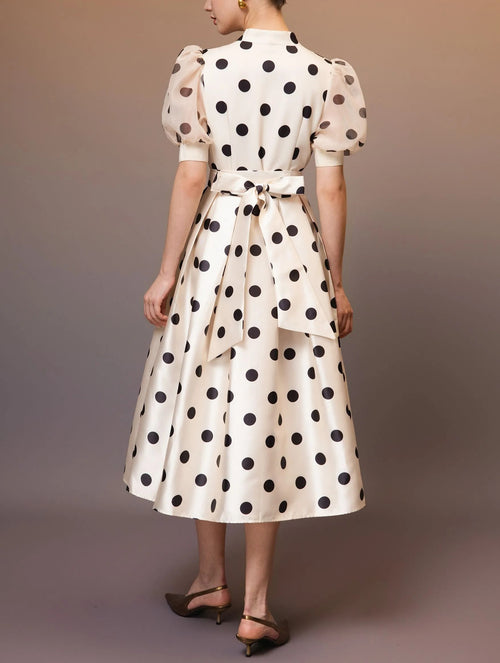 Cream Polka‑Dot Puff Sleeve Wrap Midi Dress