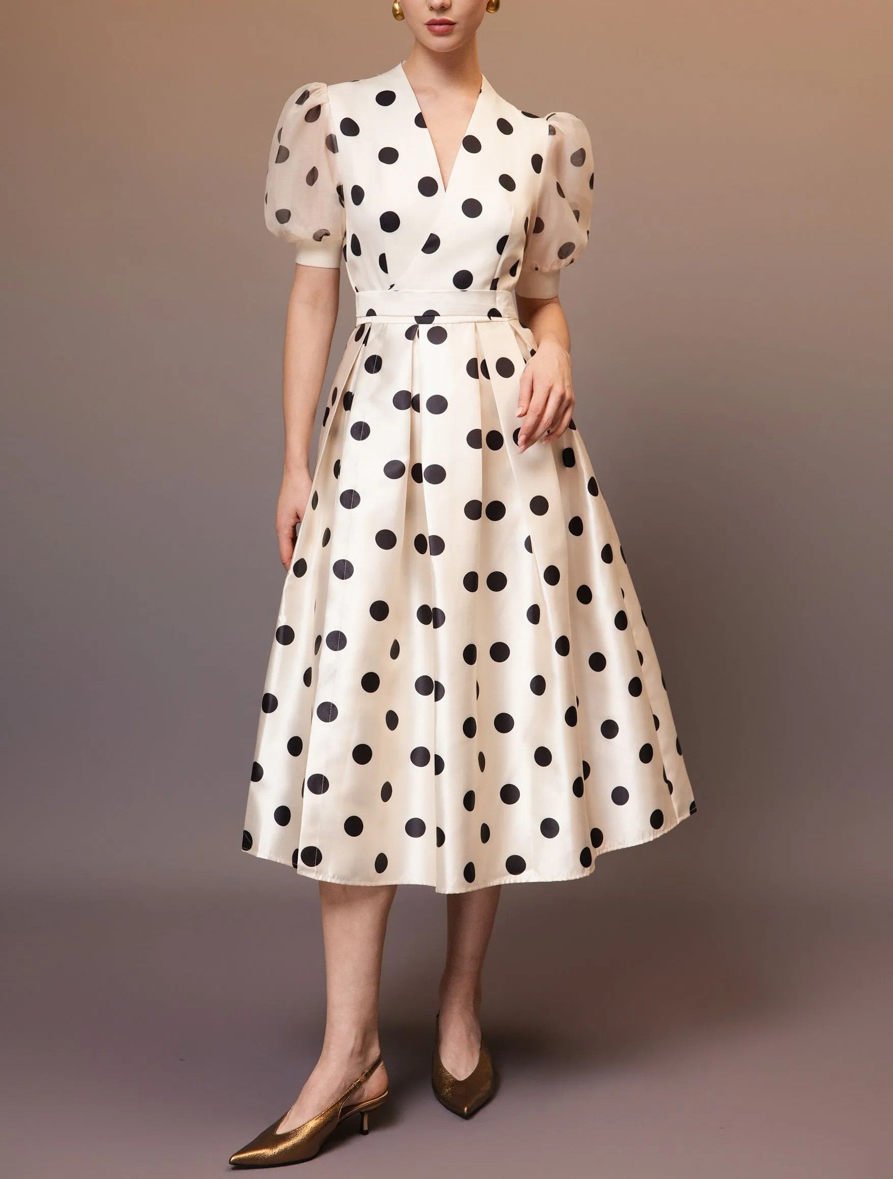 Cream Polka‑Dot Puff Sleeve Wrap Midi Dress