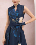 Navy Peony Print Notch Neck Self‑Tie Waist Sleeveless Maxi Dress