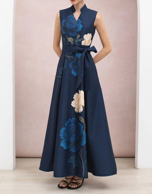 Navy Peony Print Notch Neck Self‑Tie Waist Sleeveless Maxi Dress