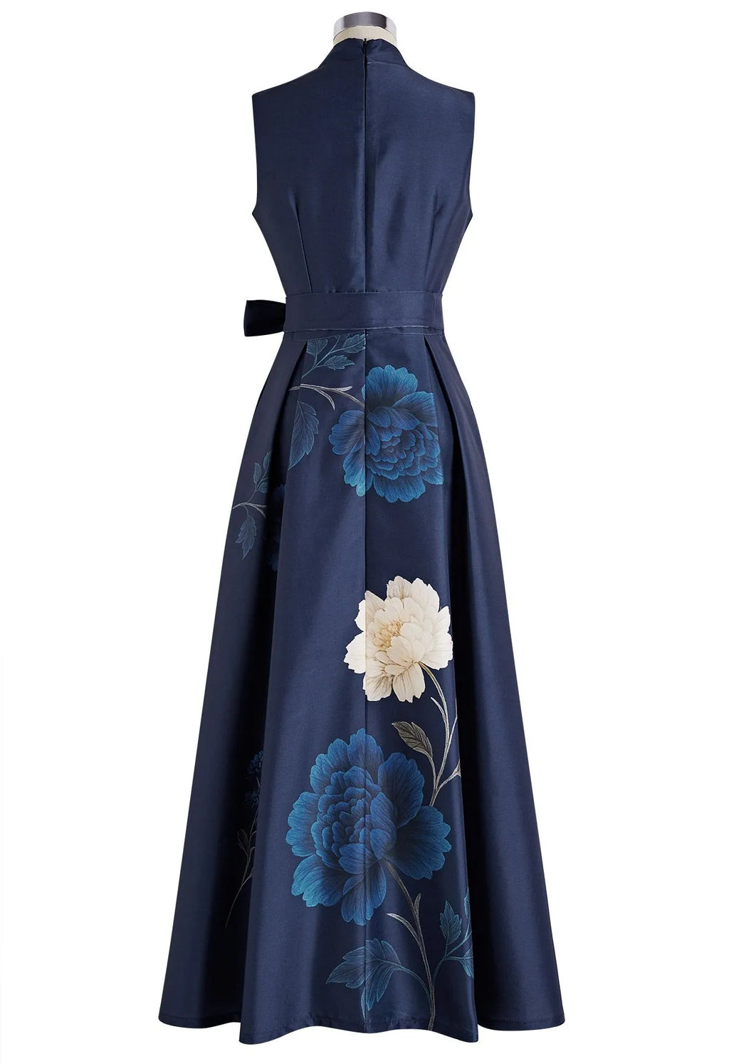 Navy Peony Print Notch Neck Self‑Tie Waist Sleeveless Maxi Dress