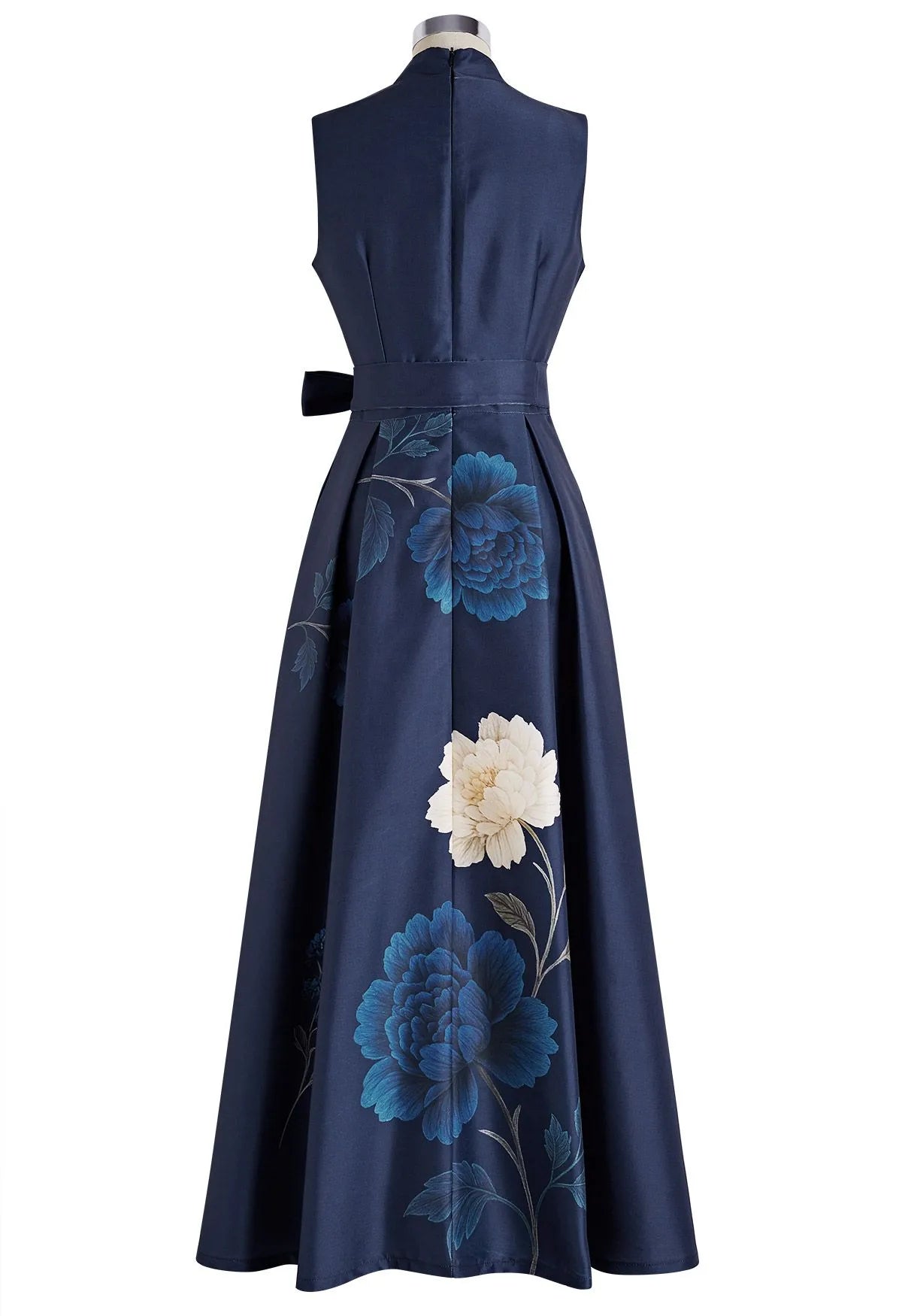 Navy Peony Print Notch Neck Self‑Tie Waist Sleeveless Maxi Dress