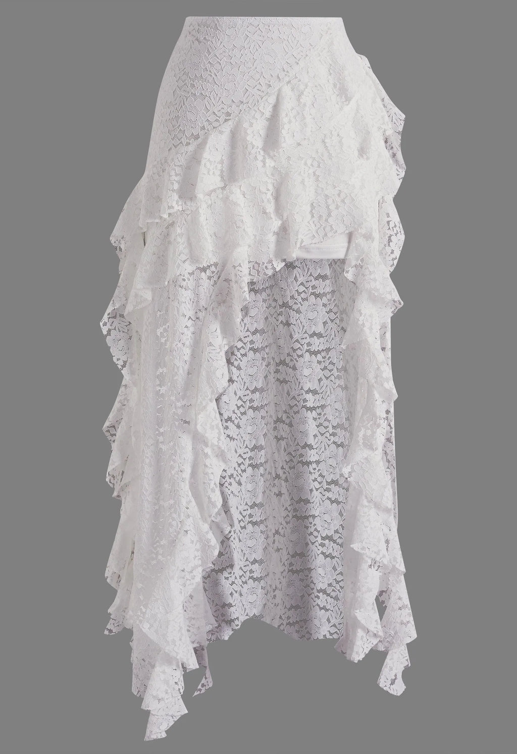 White Floral Lace Asymmetrical Ruffled High‑Low Maxi Skirt