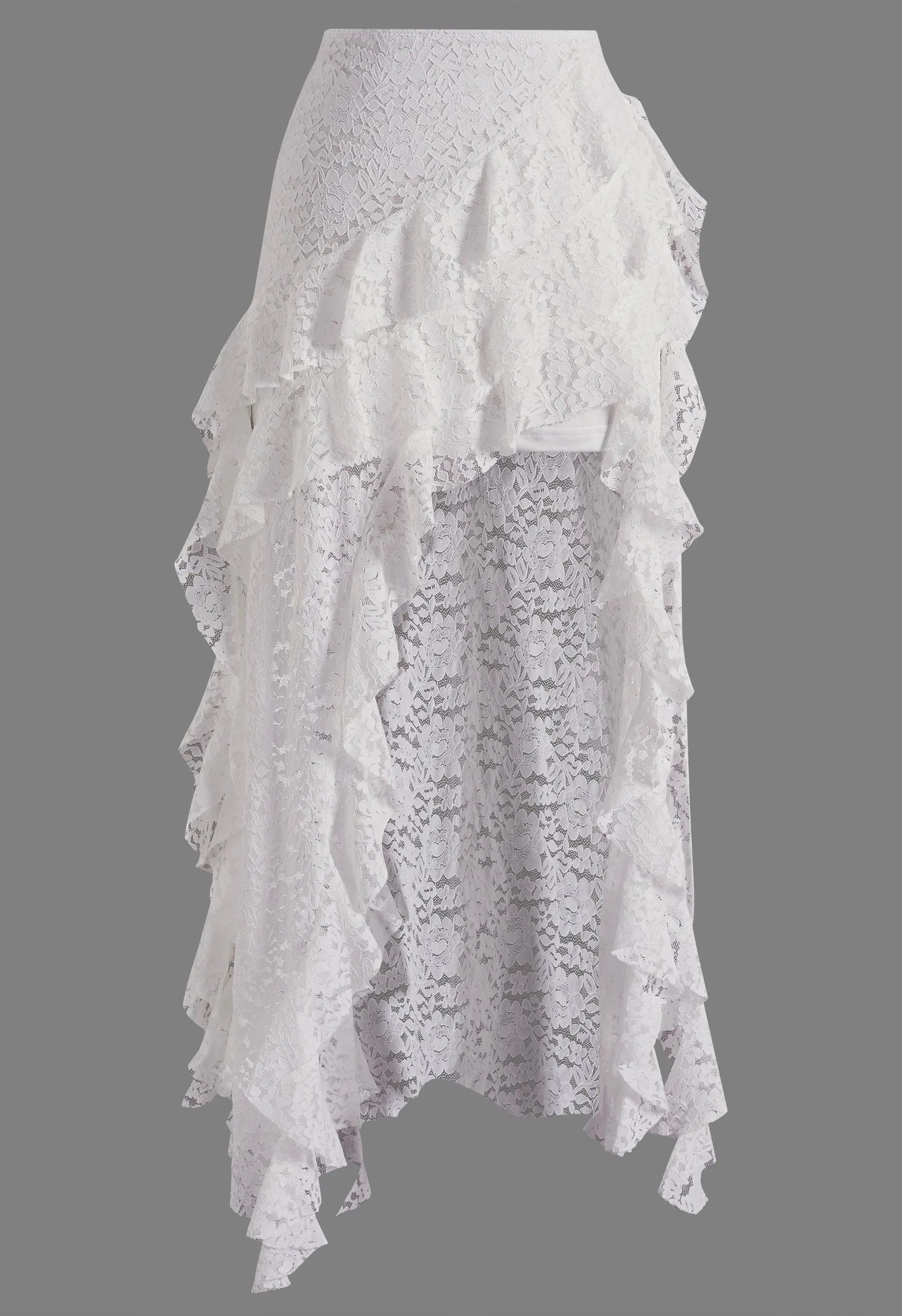 White Floral Lace Asymmetrical Ruffled High‑Low Maxi Skirt