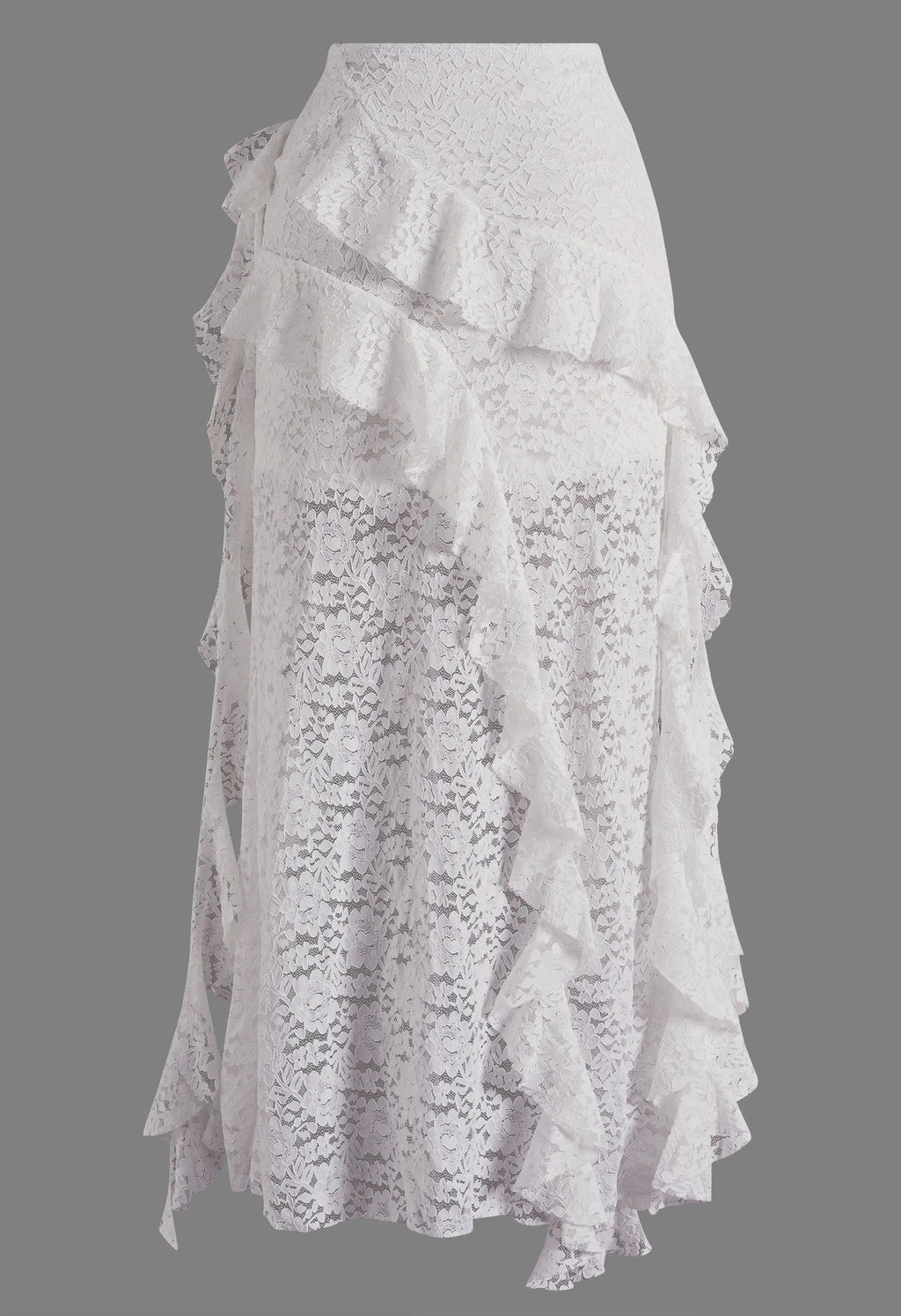 White Floral Lace Asymmetrical Ruffled High‑Low Maxi Skirt
