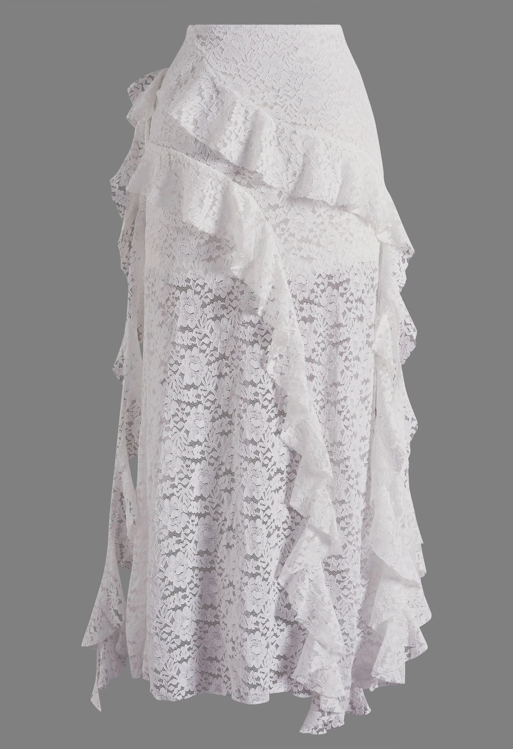 White Floral Lace Asymmetrical Ruffled High‑Low Maxi Skirt