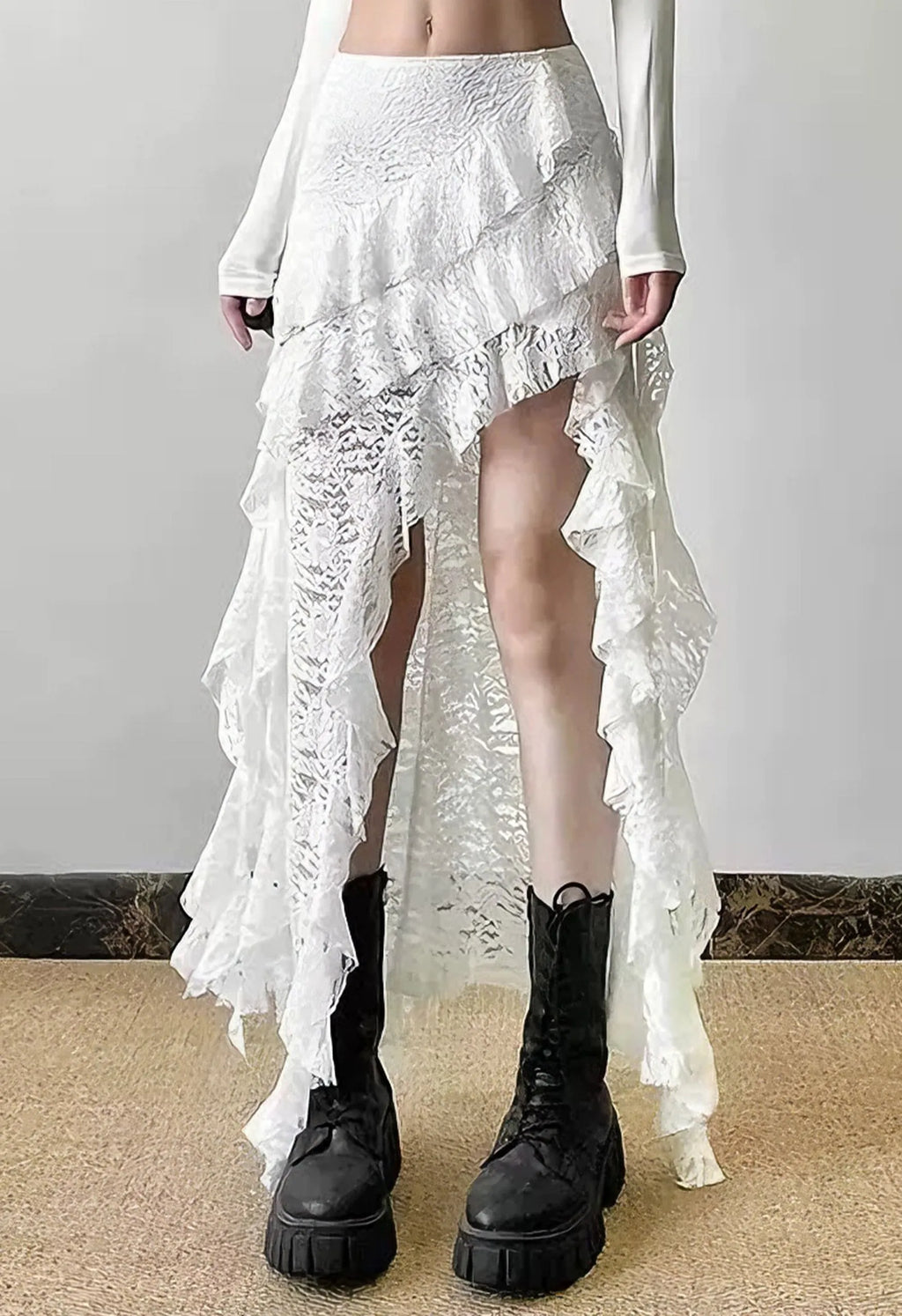 White Floral Lace Asymmetrical Ruffled High‑Low Maxi Skirt