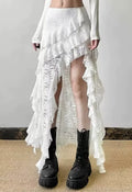 White Floral Lace Asymmetrical Ruffled High‑Low Maxi Skirt