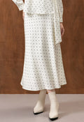 White Polka‑Dot Satin High Waist Flared Maxi Skirt