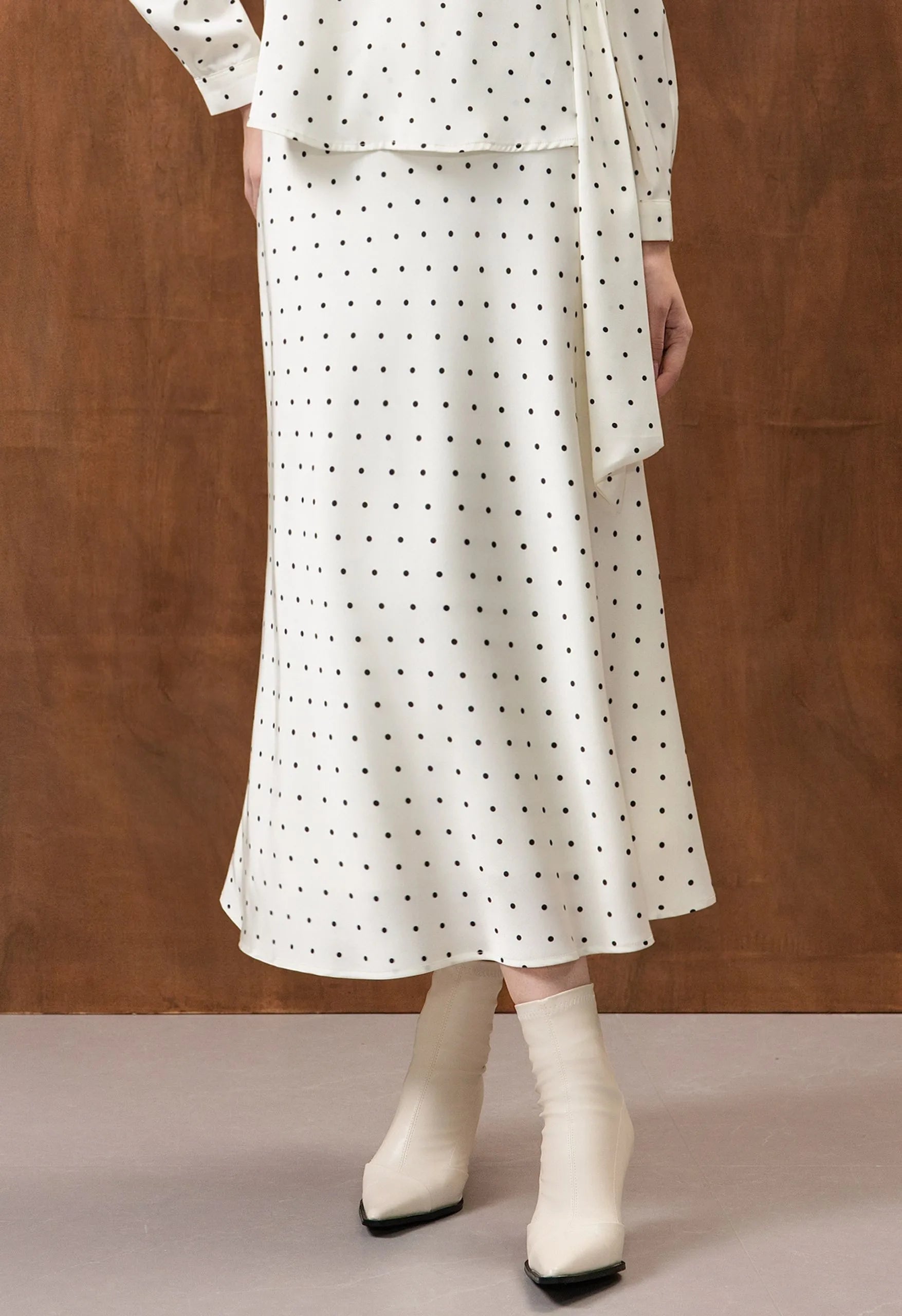 White Polka‑Dot Satin High Waist Flared Maxi Skirt
