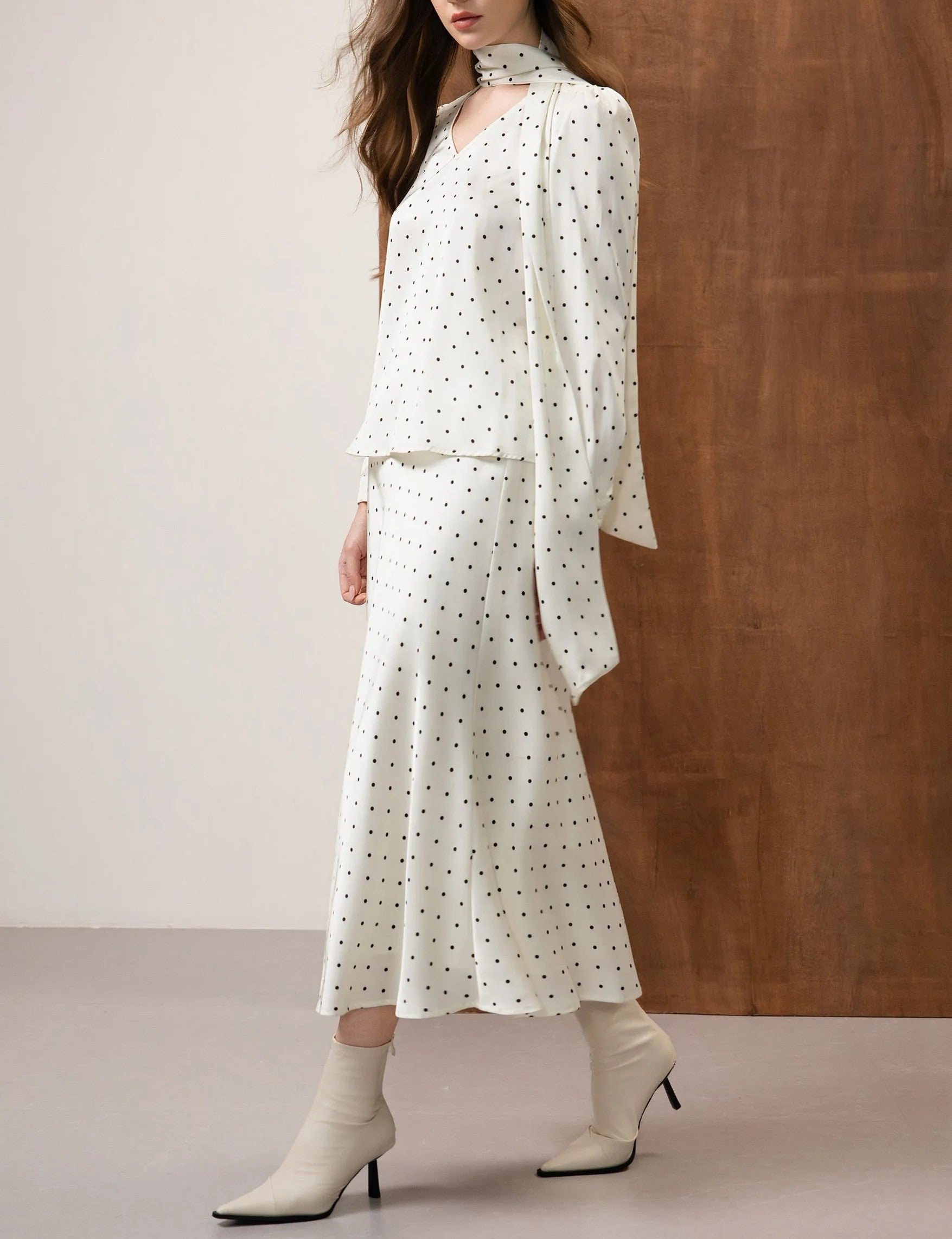 White Polka‑Dot Satin High Waist Flared Maxi Skirt