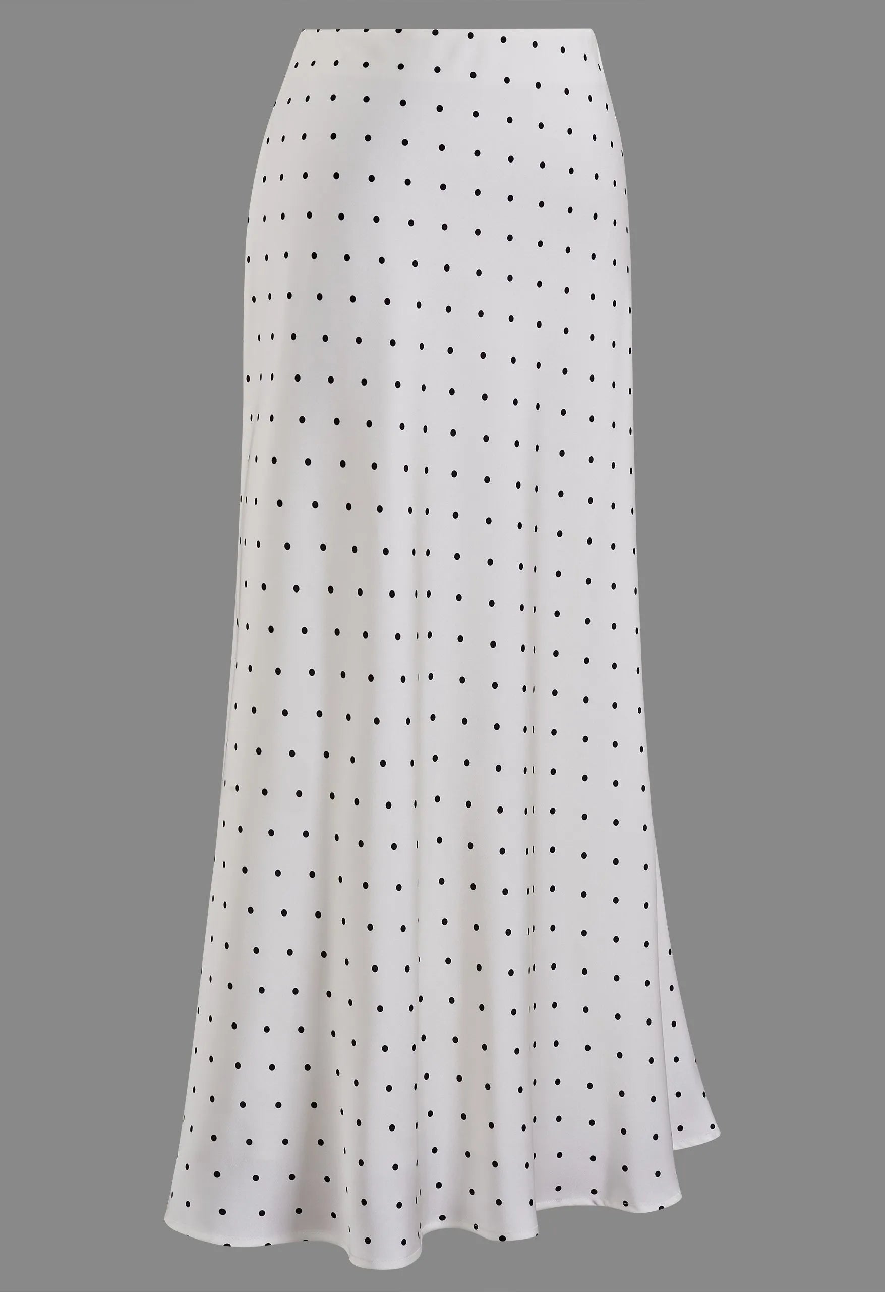 White Polka‑Dot Satin High Waist Flared Maxi Skirt