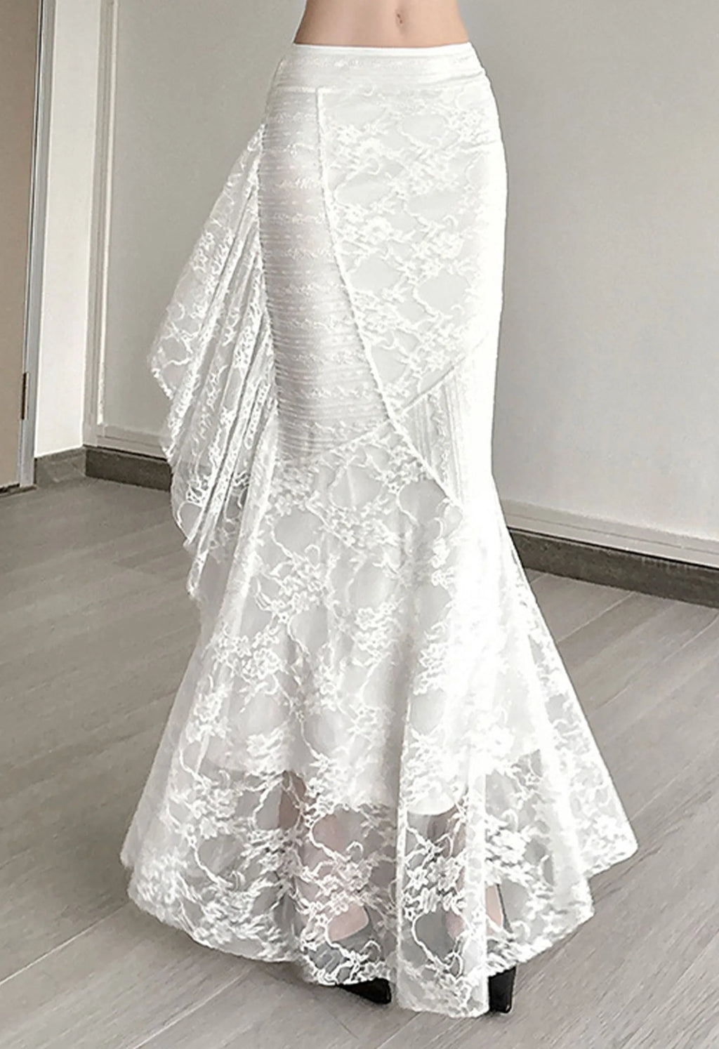 White All‑Over Lace Panel Mermaid Maxi Skirt