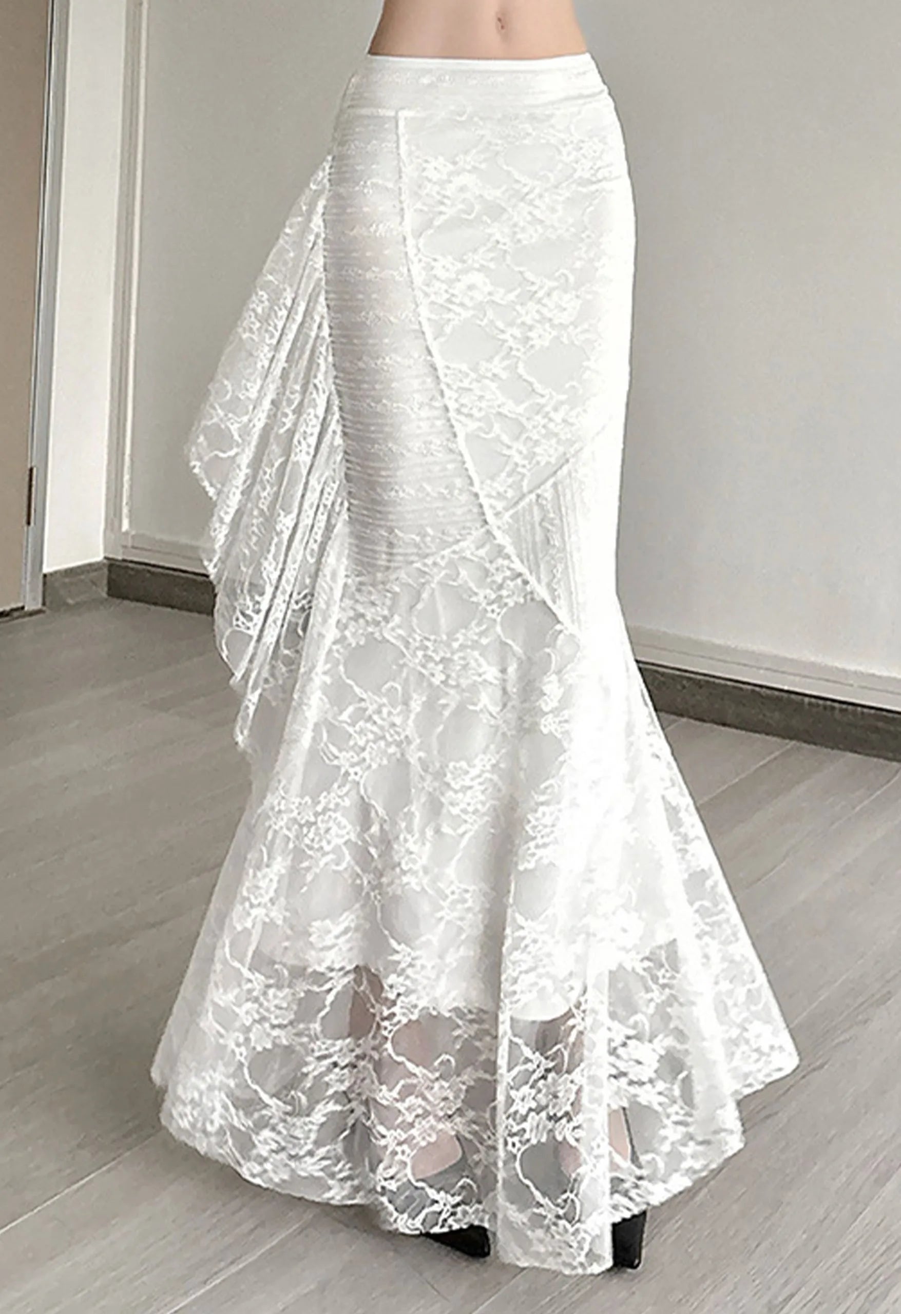 White All‑Over Lace Panel Mermaid Maxi Skirt