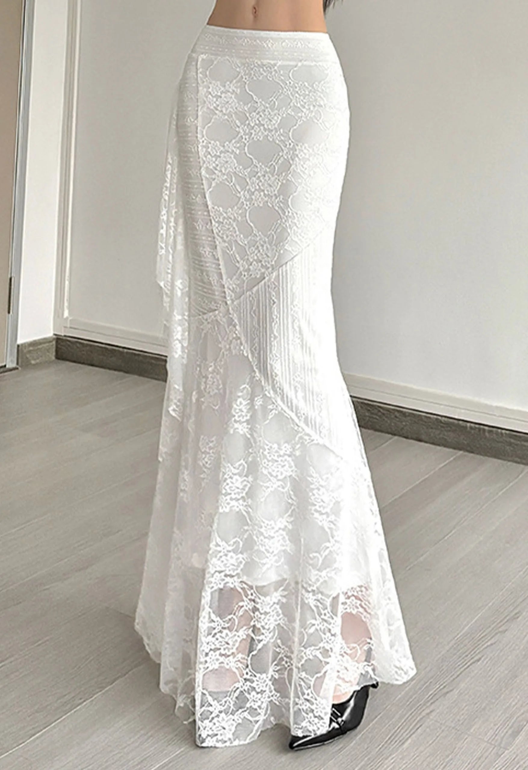 White All‑Over Lace Panel Mermaid Maxi Skirt