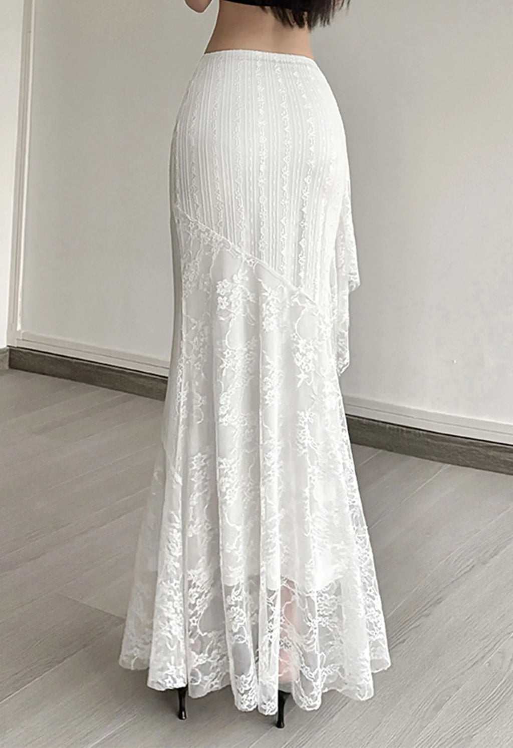 White All‑Over Lace Panel Mermaid Maxi Skirt
