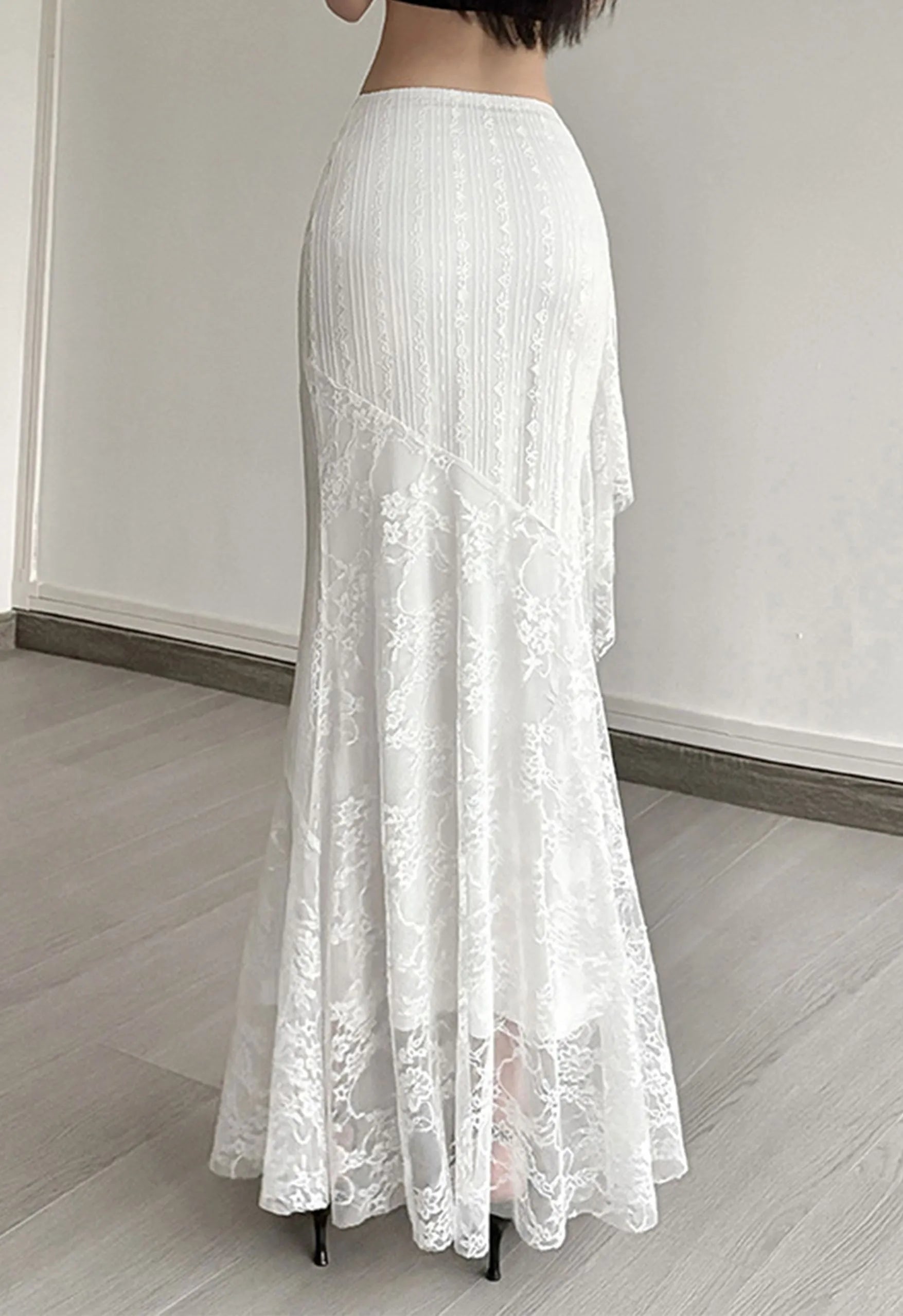 White All‑Over Lace Panel Mermaid Maxi Skirt