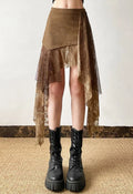 Brown Faux Suede Asymmetrical Lace Tulle Layered Mini Skirt