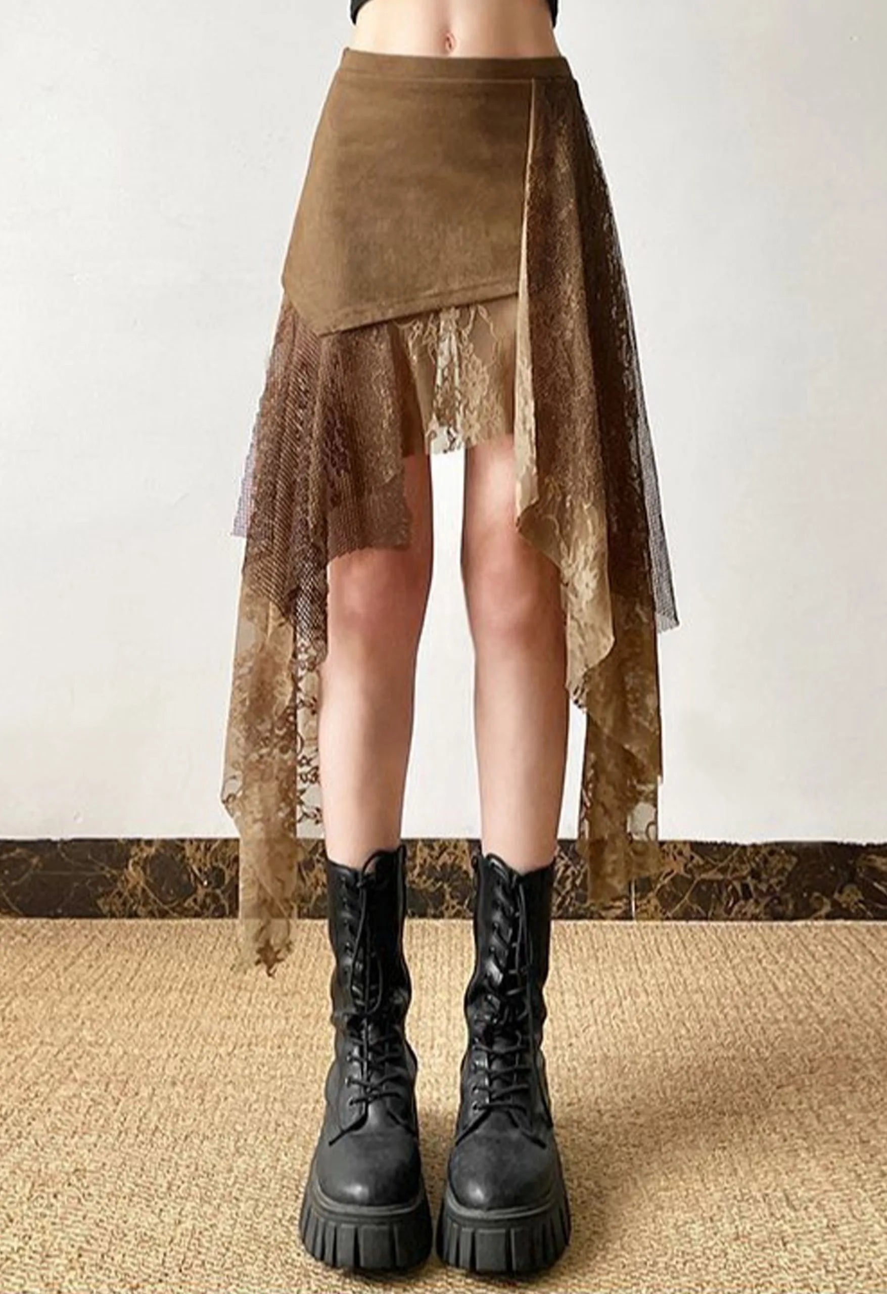 Brown Faux Suede Asymmetrical Lace Tulle Layered Mini Skirt