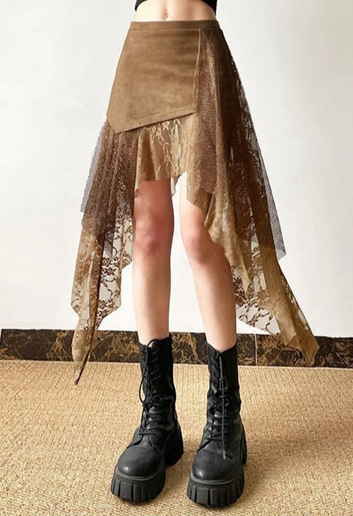 Brown Faux Suede Asymmetrical Lace Tulle Layered Mini Skirt
