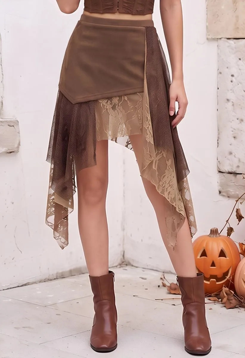 Brown Faux Suede Asymmetrical Lace Tulle Layered Mini Skirt